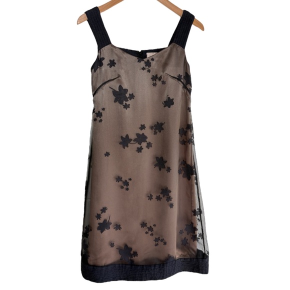 Sybilla Dress Sheer Overlay Floral Appliqué Sleeveless Size Medium Black Tan Y2K - Picture 1 of 16